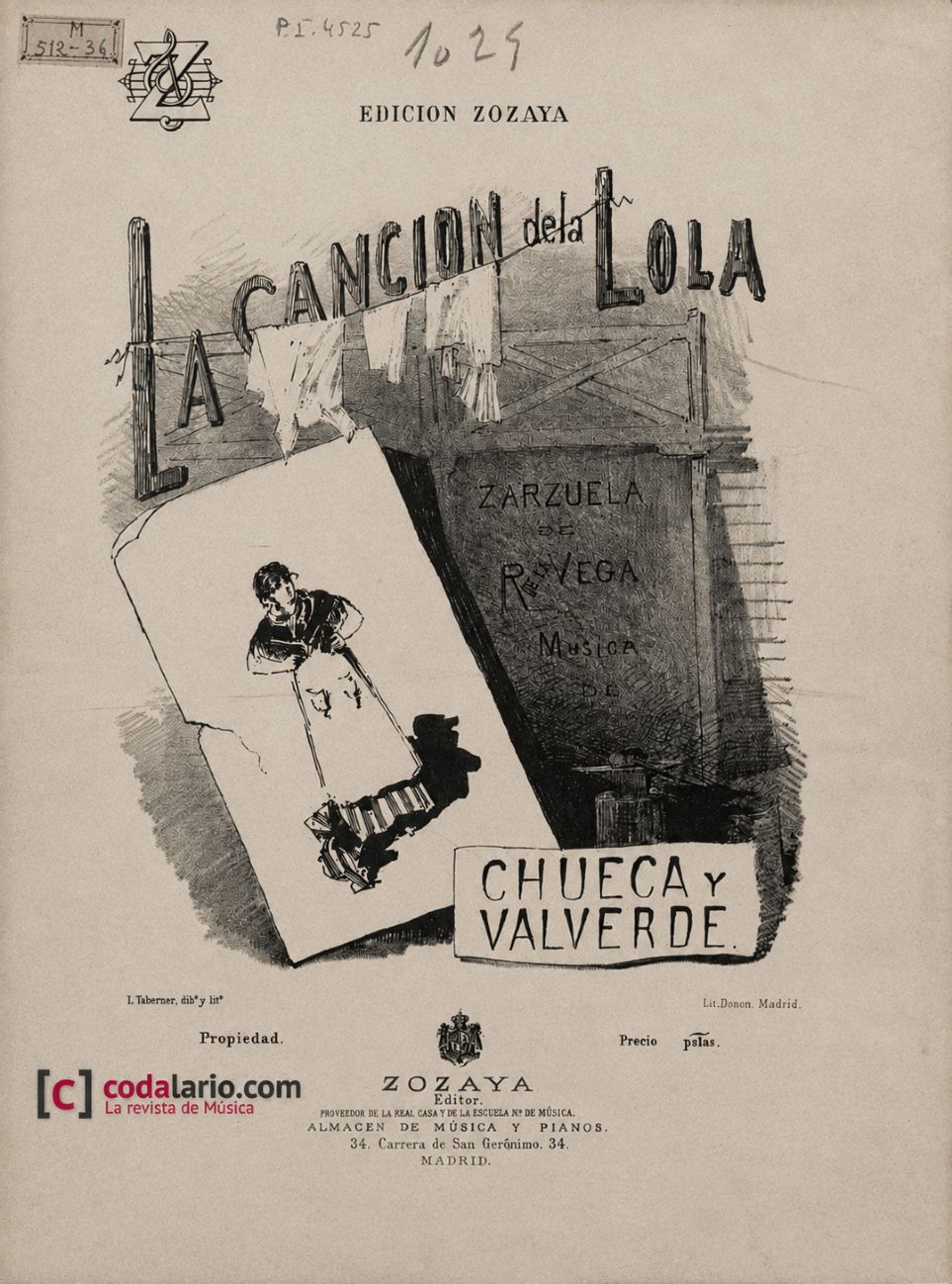 Portada de la partitura de la zarzuela La canci�n de la Lola (1880)