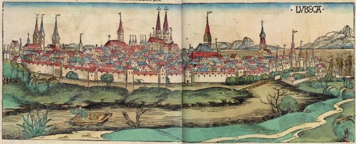 Vista de L�beck en el siglo XV, aparecida en Schedel`schen Weltchronik, de Hartmann Schedel [1493].