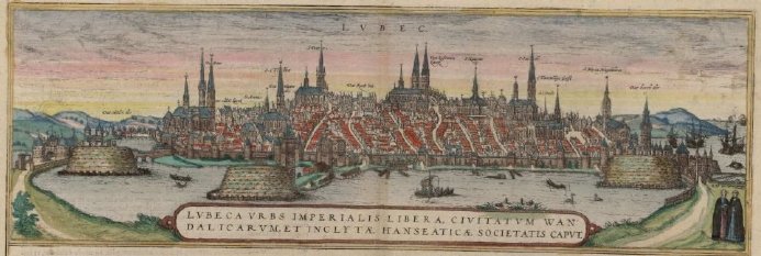Vista de Lübeck en el siglo XVI, aparecida en «Civitates Orbis Terrarum. Liber Primus», de Georgius Braun & Franciscus Hogenbergius [1582]