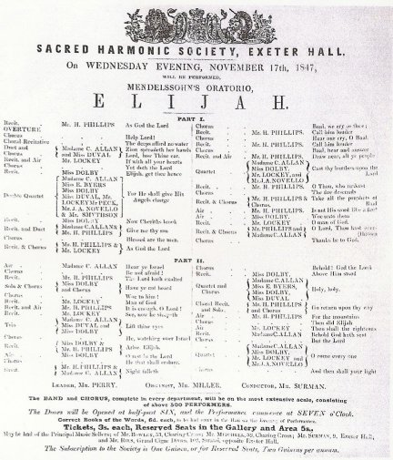 Cartel de la interpretacin del Elijah de Mendelssohn, ofrecida por la Sacred Harmonic Society en el Exeter Hall de Londres, el 17 de noviembre de 1847.