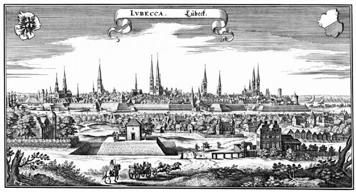 Vista de Lübeck en 1641, de Matthäus Merian [«Topographia Germaniæ», 1642-1655].