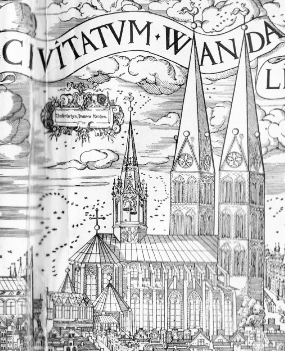 Detalle de la Marienkirche [«Frauen Kirchen»], tomado de la vista de Lübeck en 1552 de Elias Diebels.